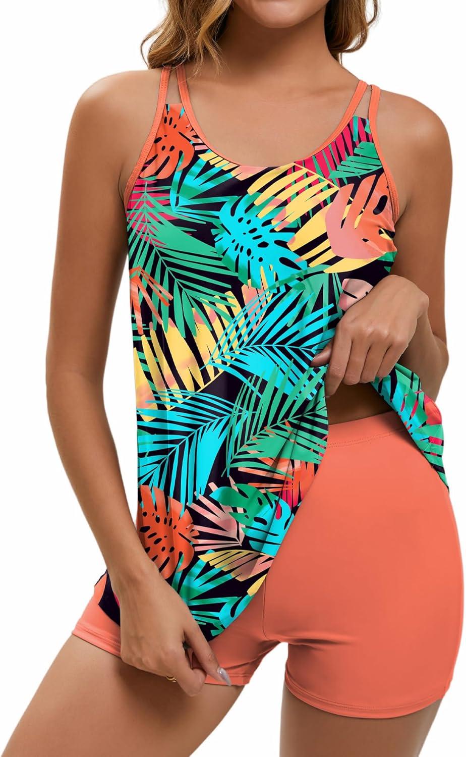 image:imageArolina Tankini Swimsuits for Women Tummy Control Two Piece Bathing Suits Flowy Swim Tops with Boy ShortsMulticolored Leaves