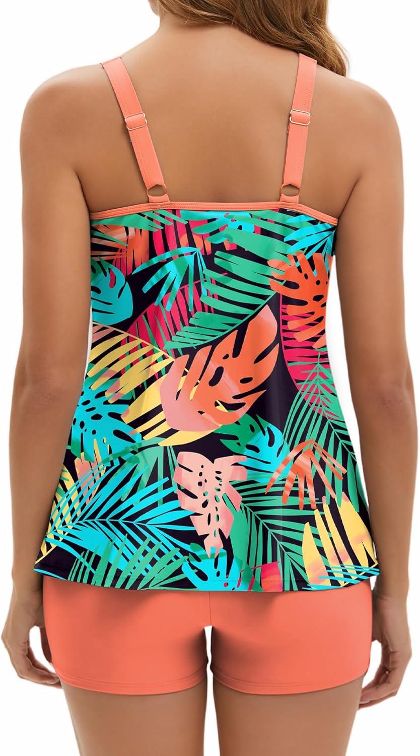 image:imageArolina Tankini Swimsuits for Women Tummy Control Two Piece Bathing Suits Flowy Swim Tops with Boy ShortsMulticolored Leaves