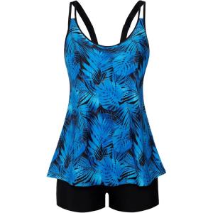 image:imageArolina Tankini Swimsuits for Women Tummy Control Two Piece Bathing Suits Flowy Swim Tops with Boy ShortsBlue Leaves