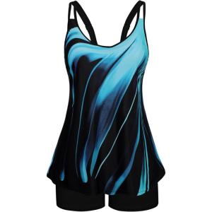 image:imageArolina Tankini Swimsuits for Women Tummy Control Two Piece Bathing Suits Flowy Swim Tops with Boy ShortsBlue Oblique Stripes