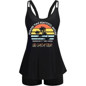 image:imageArolina Tankini Swimsuits for Women Tummy Control Two Piece Bathing Suits Flowy Swim Tops with Boy ShortsCoconut Trees