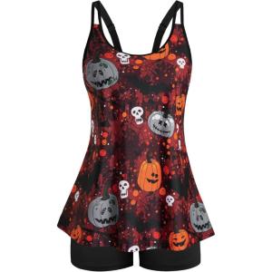 image:imageArolina Tankini Swimsuits for Women Tummy Control Two Piece Bathing Suits Flowy Swim Tops with Boy ShortsHalloween Dark Red