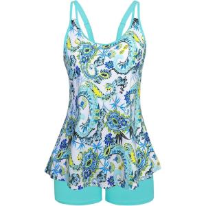 image:imageArolina Tankini Swimsuits for Women Tummy Control Two Piece Bathing Suits Flowy Swim Tops with Boy ShortsLake Blue Paisley Printed