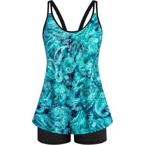 image:imageArolina Tankini Swimsuits for Women Tummy Control Two Piece Bathing Suits Flowy Swim Tops with Boy ShortsLake Green Cashew Flowers