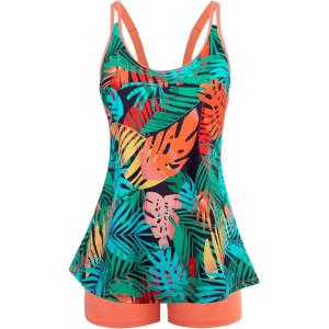 image:imageArolina Tankini Swimsuits for Women Tummy Control Two Piece Bathing Suits Flowy Swim Tops with Boy ShortsMulticolored Leaves