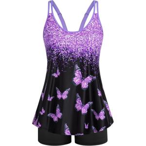 image:imageArolina Tankini Swimsuits for Women Tummy Control Two Piece Bathing Suits Flowy Swim Tops with Boy ShortsPurple Butterfly