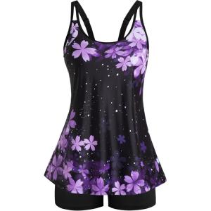 image:imageArolina Tankini Swimsuits for Women Tummy Control Two Piece Bathing Suits Flowy Swim Tops with Boy ShortsPurple Cherry Blossoms
