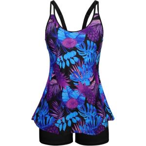 image:imageArolina Tankini Swimsuits for Women Tummy Control Two Piece Bathing Suits Flowy Swim Tops with Boy ShortsPurple Pineapple