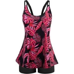 image:imageArolina Tankini Swimsuits for Women Tummy Control Two Piece Bathing Suits Flowy Swim Tops with Boy ShortsRed Leaves