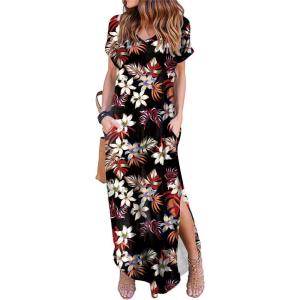 image:imageArolina Women Summer Maxi Dress Short Sleeve V Neck Casual Loose Long Split Dresses Beach Vacation Sundress with PocketsWhite Flower Black