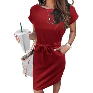 image:imageArolina Womens Summer Short Sleeve Striped T Shirt Dress Casual Midi Dresses Crewneck Tie Waist with PocketsRed
