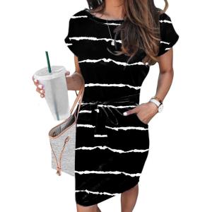 image:imageArolina Womens Summer Short Sleeve Striped T Shirt Dress Casual Midi Dresses Crewneck Tie Waist with PocketsStripe 13