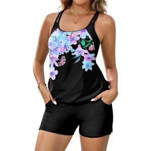 image:imageArolina Tankini Swimsuits for Women Modest Two Piece Blouson Bathing Suit Tank Top with Boy Shorts Pockets S24WPurple Flowers