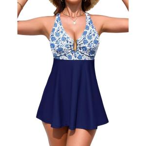 image:imageArolina Womens One Piece Swimsuit Tummy Control Bathing Suit U Wire Slimming Swim Dress Plus Size Body Shaping SwimwearBlue Floral