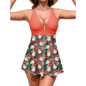 image:imageArolina Womens One Piece Swimsuit Tummy Control Bathing Suit U Wire Slimming Swim Dress Plus Size Body Shaping SwimwearCoral Pink Leaf