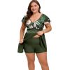 image:imageArolina Womens Plus Size Tankini Swimsuits Swim Dress Mesh Bathing Suits Two Piece Ruffle V Neck Swimwear with Swim ShortsArmy Green Flowers