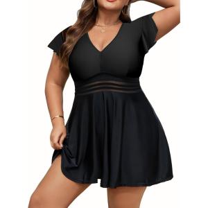 image:imageArolina Womens Plus Size Tankini Swimsuits Swim Dress Mesh Bathing Suits Two Piece Ruffle V Neck Swimwear with Swim ShortsBlack