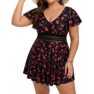 image:imageArolina Womens Plus Size Tankini Swimsuits Swim Dress Mesh Bathing Suits Two Piece Ruffle V Neck Swimwear with Swim ShortsBlack Cherry