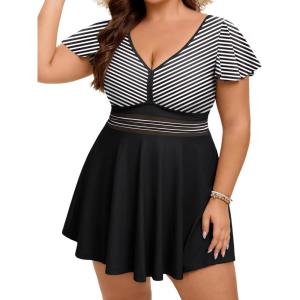 image:imageArolina Womens Plus Size Tankini Swimsuits Swim Dress Mesh Bathing Suits Two Piece Ruffle V Neck Swimwear with Swim ShortsBlack Stripe