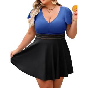image:imageArolina Womens Plus Size Tankini Swimsuits Swim Dress Mesh Bathing Suits Two Piece Ruffle V Neck Swimwear with Swim ShortsBlue and Black