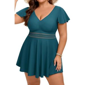 image:imageArolina Womens Plus Size Tankini Swimsuits Swim Dress Mesh Bathing Suits Two Piece Ruffle V Neck Swimwear with Swim ShortsDark Cyan