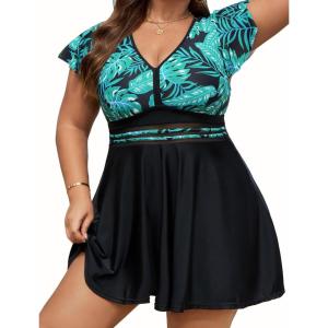 image:imageArolina Womens Plus Size Tankini Swimsuits Swim Dress Mesh Bathing Suits Two Piece Ruffle V Neck Swimwear with Swim ShortsFluorescent Green Leaves