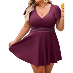 image:imageArolina Womens Plus Size Tankini Swimsuits Swim Dress Mesh Bathing Suits Two Piece Ruffle V Neck Swimwear with Swim ShortsFuchsia