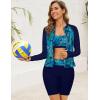 image:imageArolina Womens Rash Guard Long Sleeve Swim Shirts Swimsuit 2026 Bathing Suit with Womens Swim Shorts amp Two PocketsBlue Leaves