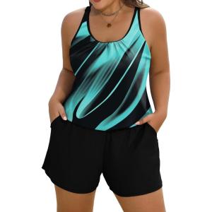 image:imageArolina Womens Plus Size Swim Romper One Piece Swimsuits Modest Bathing Suit with Pockets S24WBlue Oblique Stripes