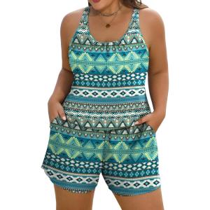 image:imageArolina Womens Plus Size Swim Romper One Piece Swimsuits Modest Bathing Suit with Pockets S24WGreen Geometry