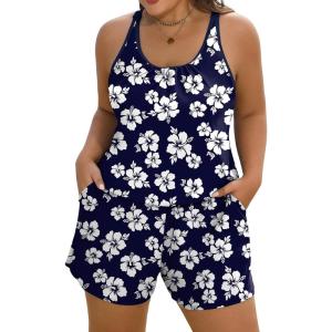 image:imageArolina Womens Plus Size Swim Romper One Piece Swimsuits Modest Bathing Suit with Pockets S24WNavy White Floral