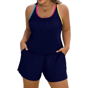 image:imageArolina Womens Plus Size Swim Romper One Piece Swimsuits Modest Bathing Suit with Pockets S24WNeon Color Block Black