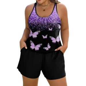 image:imageArolina Womens Plus Size Swim Romper One Piece Swimsuits Modest Bathing Suit with Pockets S24WPurple Butterfly