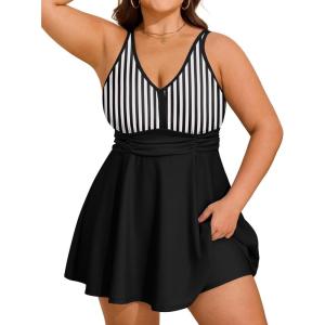 image:imageArolina Womens Plus Size Tankini Swimsuits Two Piece Tummy Control Swim Dress Hide Belly Bathing Suits with BoyshortsBlack White Stripes