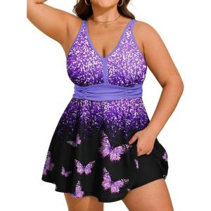 image:imageArolina Womens Plus Size Tankini Swimsuits Two Piece Tummy Control Swim Dress Hide Belly Bathing Suits with BoyshortsPurple Butterfly