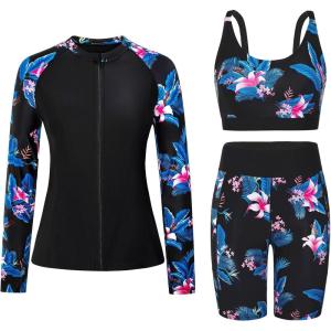 image:imageArolina Womens Rash Guard Long Sleeve Swim Shirts Swimsuit 2026 Bathing Suit with Womens Swim Shorts amp Two PocketsBlack Flowers