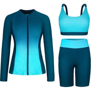 image:imageArolina Womens Rash Guard Long Sleeve Swim Shirts Swimsuit 2026 Bathing Suit with Womens Swim Shorts amp Two PocketsBlue