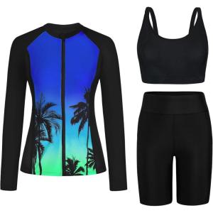 image:imageArolina Womens Rash Guard Long Sleeve Swim Shirts Swimsuit 2026 Bathing Suit with Womens Swim Shorts amp Two PocketsBlue Coconut Tree