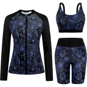 image:imageArolina Womens Rash Guard Long Sleeve Swim Shirts Swimsuit 2026 Bathing Suit with Womens Swim Shorts amp Two PocketsBlue Dark Pattern