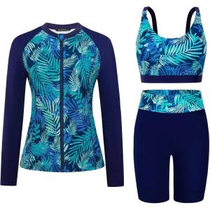 image:imageArolina Womens Rash Guard Long Sleeve Swim Shirts Swimsuit 2026 Bathing Suit with Womens Swim Shorts amp Two PocketsBlue Leaves