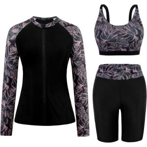 image:imageArolina Womens Rash Guard Long Sleeve Swim Shirts Swimsuit 2026 Bathing Suit with Womens Swim Shorts amp Two PocketsBrown