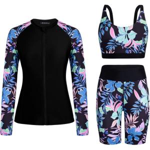 image:imageArolina Womens Rash Guard Long Sleeve Swim Shirts Swimsuit 2026 Bathing Suit with Womens Swim Shorts amp Two PocketsColored Flowers