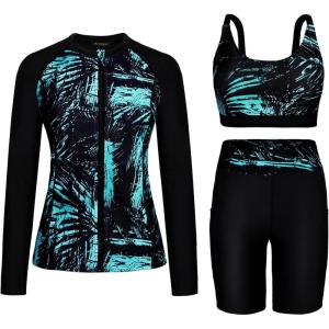 image:imageArolina Womens Rash Guard Long Sleeve Swim Shirts Swimsuit 2026 Bathing Suit with Womens Swim Shorts amp Two PocketsGreen