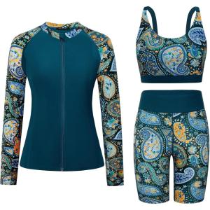 image:imageArolina Womens Rash Guard Long Sleeve Swim Shirts Swimsuit 2026 Bathing Suit with Womens Swim Shorts amp Two PocketsGreen Paisley