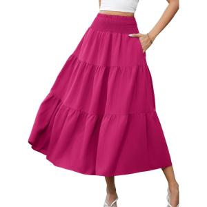 image:imageArolina Womens Summer Maxi Skirt Casual Smocked High Waist Long Skirts Flowy Boho Skirt with Pockets for Beach VacationHot Pink