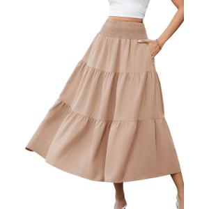 image:imageArolina Womens Summer Maxi Skirt Casual Smocked High Waist Long Skirts Flowy Boho Skirt with Pockets for Beach VacationKhaki